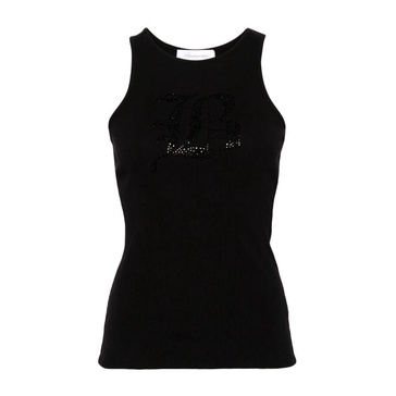 Black Ribbed Knit Top with Rhinestone Embellishment