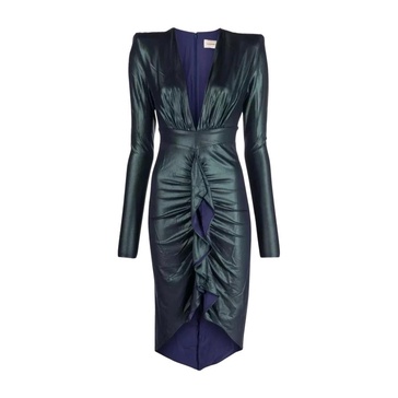 Green draped dress with deep V-neck