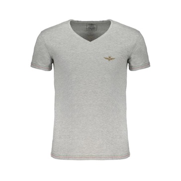 Gray Cotton V-Neck T-Shirt with Print