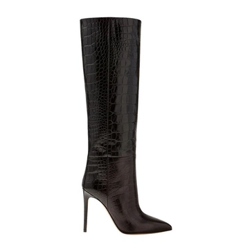 Black Crocodile-Effect Knee-High Stiletto Boots