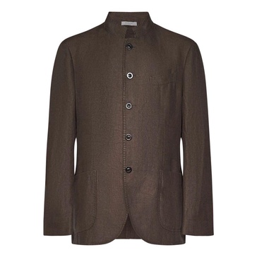 Brown Linen Jacket with Stand Collar