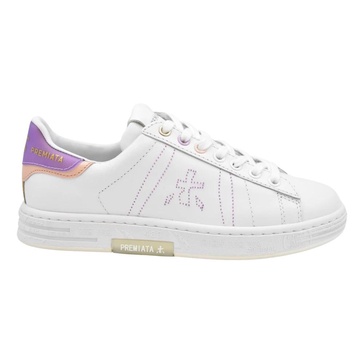 Flat Shoes White Purple Leather Lace-Up