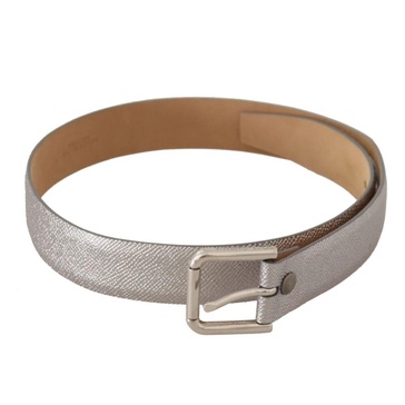 Silver Metallic Leather Waist Belt with Metal Buckle