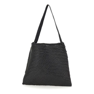 Black Leather Shoulder Bag with Woven Texture
