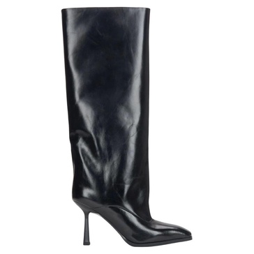 Black Patent Leather Boots with Stiletto Heel and Loose Shaft