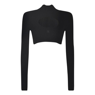 Black Ribbed Knit Sweatshirt with Embroidered Logo