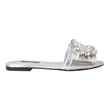 Silver Crystal Leather Flat Sandals