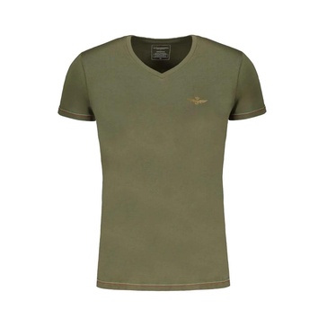 Green Cotton V-Neck T-Shirt with Print