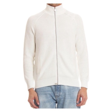 White Ribbed Cotton Full Zip Cardigan