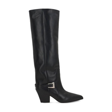 Long, pointed knee-high boots in smooth black leather