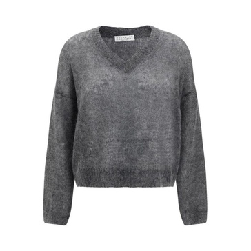 Mohair V-Neck Sweater with Ribbed Hem