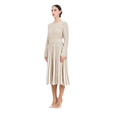 Striped Midi Dress White Beige