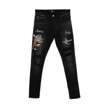 Black Ripped Jeans with Embroidered Motif