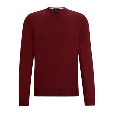 Mens V-Neck Pure Wool Sweater in Dark Red