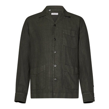 Green Linen Bowling Collar Overshirt