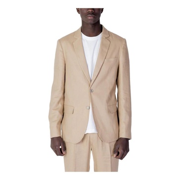 Beige Plain Blazer with Lapel Collar