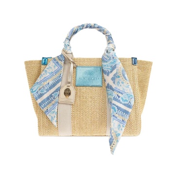 Beige Woven Tote Bag with Scarf Detail