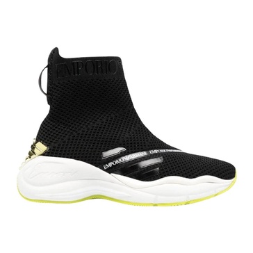 Chunky Knit Black Sneakers with 3D Lime Green Eagle Logo - Size 42