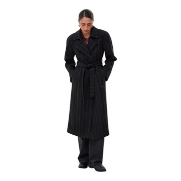 Long Black Pinstripe Belted Coat