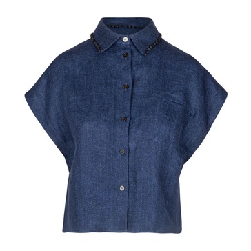 Linen Crop Shirt with Beaded Collar