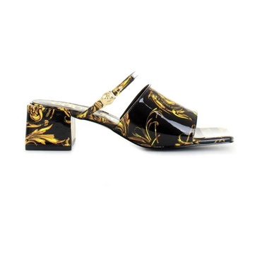 Black Women Sandals with Baroque Print and Metallic Gold Details