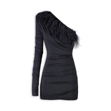 Feather Detail Asymmetrical One-Sleeve Dress