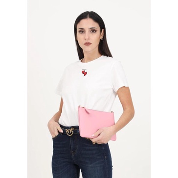 White Short Sleeve T-shirt with Red Heart Embroidery and Logo Print