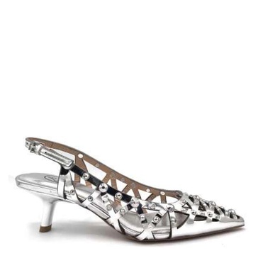 Studded Silver Leather Slingback Heels