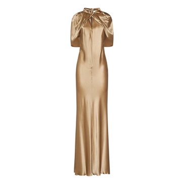 Golden Satin Dress with Cape Sleeves