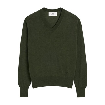 Green V-Neck Sweater with Ribbed Details