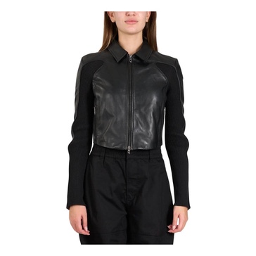 Cropped leather jacket with knit panels