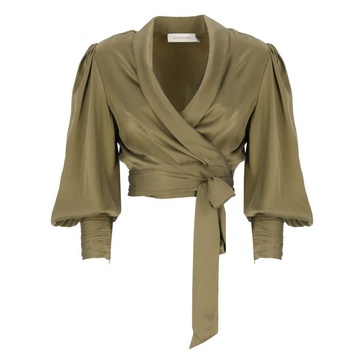 Green Silk V-Neck Top with Self Tie Laces