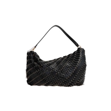 Black Leather Shoulder Bag with Gold Metal Accents