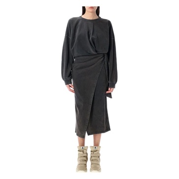 Black Draped Sweatshirt Dress with Tie-Up Waist