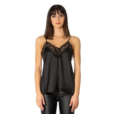 Black Satin Top with Lace Detail