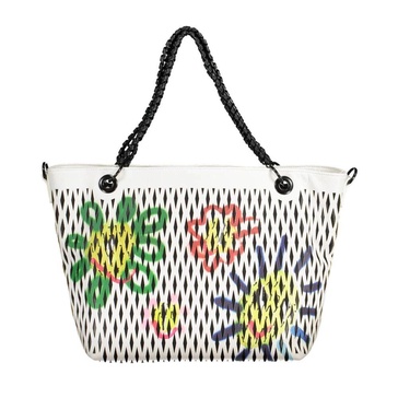 White Handbag with Chain Handles and Contrasting Details