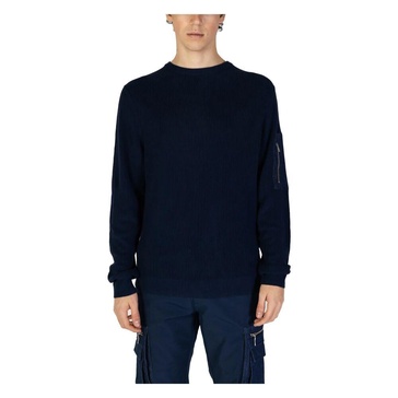 Blue Plain Knit Round Neck Sweater