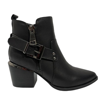 Black leather ankle boots with zippers and buckle