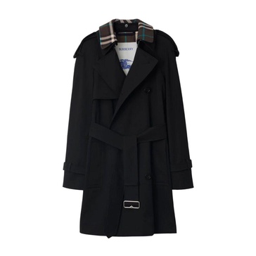 Black Cotton Trench Coat with Check Pattern