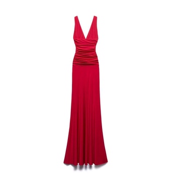 Red Draped V-Neck Long Dress