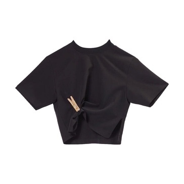Black Cropped T-shirt with Embroidery