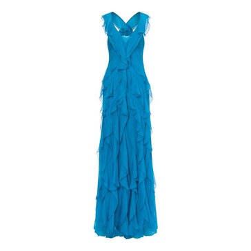 Turquoise Silk Ruffled Gown Maxi Dress