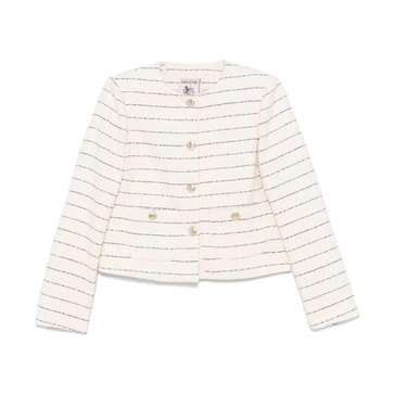 Ecru Button-Up Collarless Jacket with Pockets