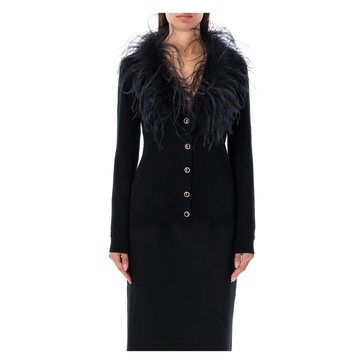 Feather Trim V-Neck Black Cardigan