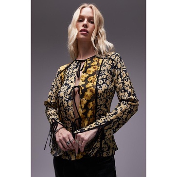 Topshop patchwork scarf print tie front bed jacket in yellow floral print