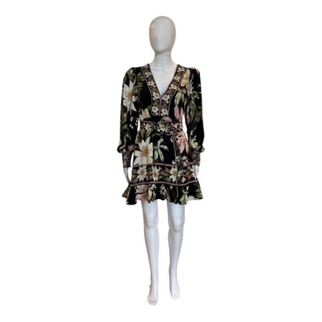 surreal flowers long sleeve mini dress in black