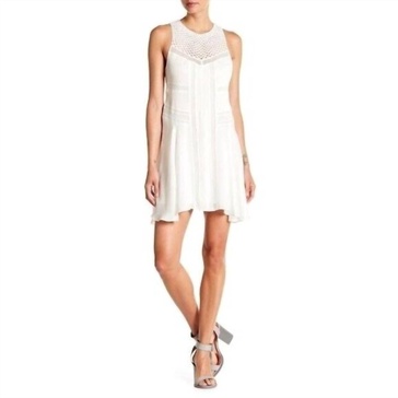 silk eggshell crochet neckline pleated dress in white