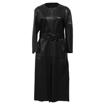 long coat with belt in black leather