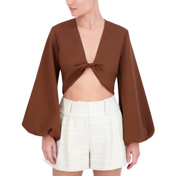 BCBGMAXAZRIA Women's V Neck Long Puff Sleeve Twist Front Top