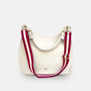the harriet stone leather bag with red and gold stripe strap